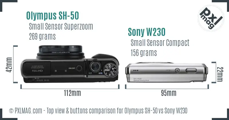 Olympus SH-50 vs Sony W230 top view buttons comparison