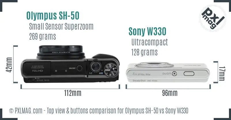 Olympus SH-50 vs Sony W330 top view buttons comparison