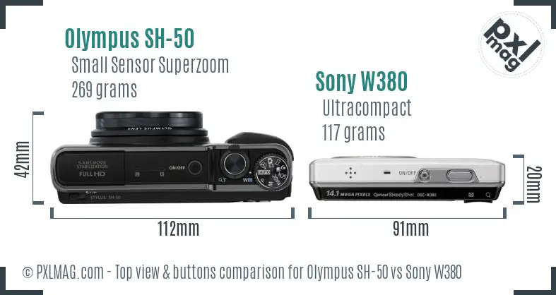 Olympus SH-50 vs Sony W380 top view buttons comparison