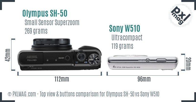 Olympus SH-50 vs Sony W510 top view buttons comparison