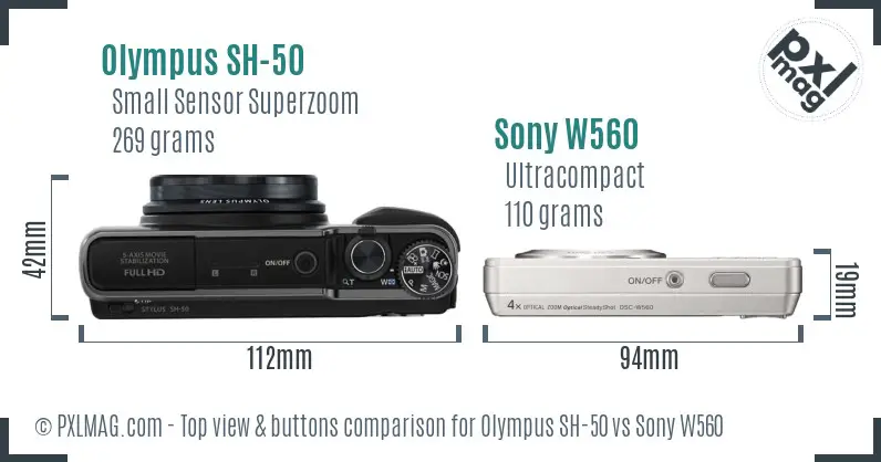 Olympus SH-50 vs Sony W560 top view buttons comparison
