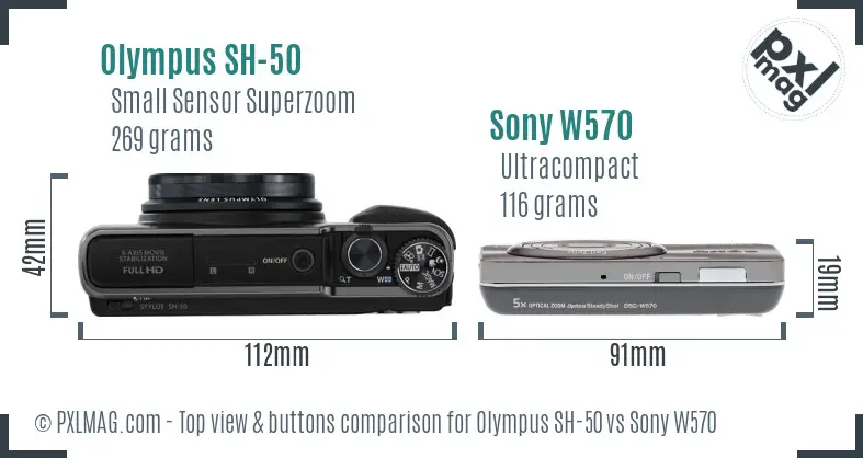 Olympus SH-50 vs Sony W570 top view buttons comparison