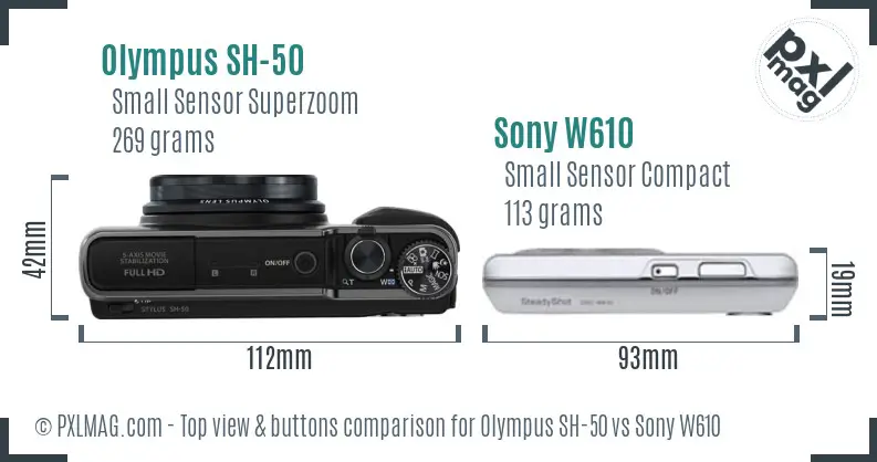 Olympus SH-50 vs Sony W610 top view buttons comparison