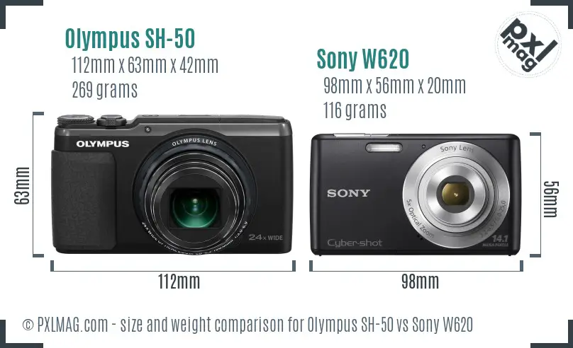 Olympus SH-50 vs Sony W620 size comparison