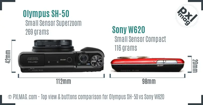 Olympus SH-50 vs Sony W620 top view buttons comparison