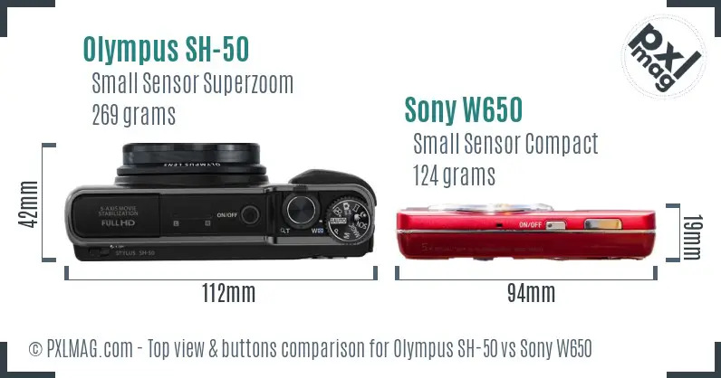 Olympus SH-50 vs Sony W650 top view buttons comparison