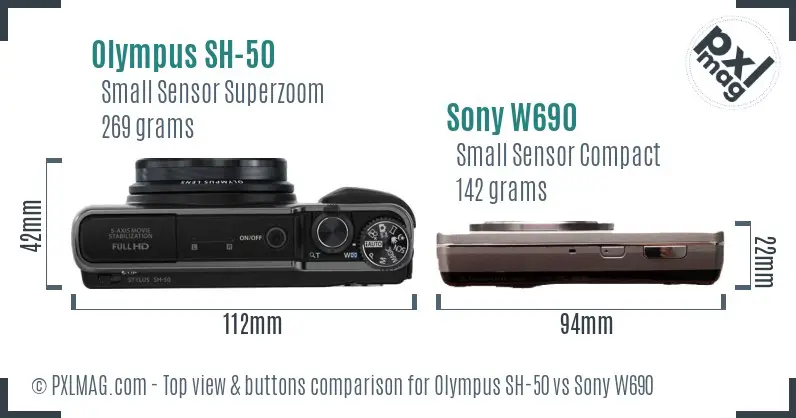 Olympus SH-50 vs Sony W690 top view buttons comparison