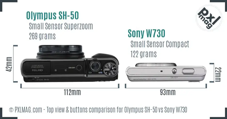 Olympus SH-50 vs Sony W730 top view buttons comparison