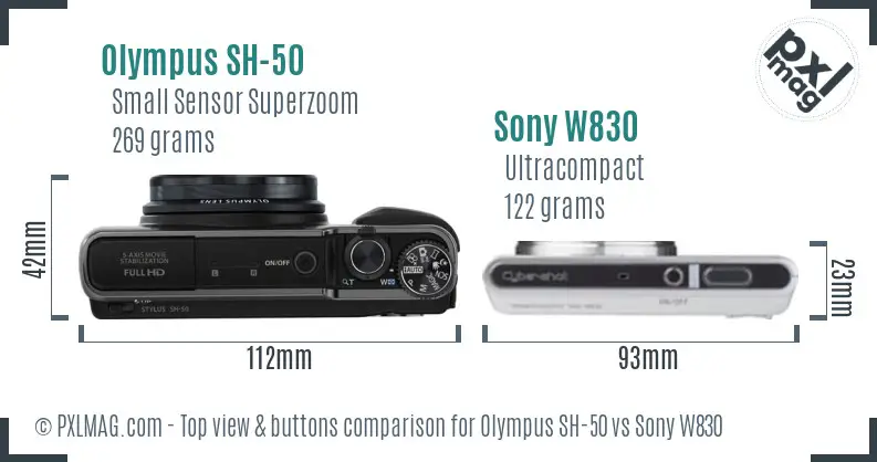 Olympus SH-50 vs Sony W830 top view buttons comparison