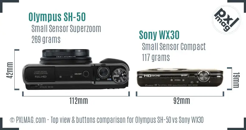 Olympus SH-50 vs Sony WX30 top view buttons comparison