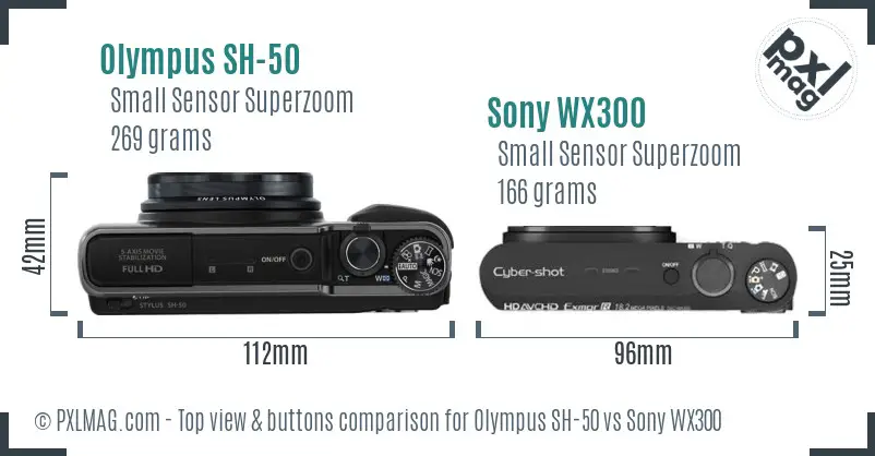 Olympus SH-50 vs Sony WX300 top view buttons comparison Olympus SH-50 vs Sony WX300 top view buttons comparison