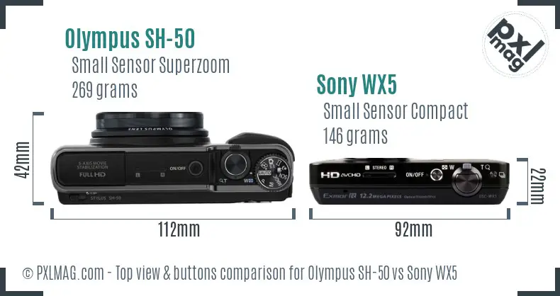 Olympus SH-50 vs Sony WX5 top view buttons comparison