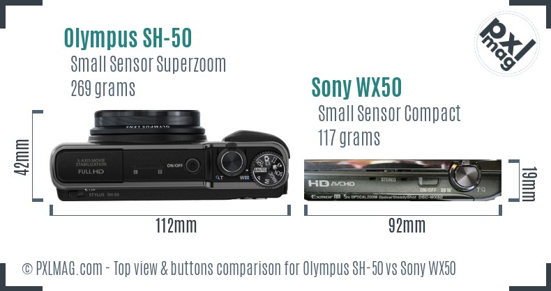 Olympus SH-50 vs Sony WX50 top view buttons comparison