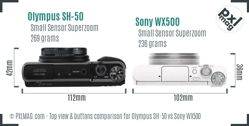 Olympus SH-50 vs Sony WX500 top view buttons comparison Olympus SH-50 vs Sony WX500 top view buttons comparison
