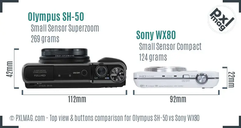 Olympus SH-50 vs Sony WX80 top view buttons comparison