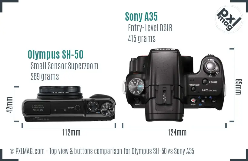 Olympus SH-50 vs Sony A35 top view buttons comparison