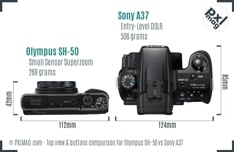 Olympus SH-50 vs Sony A37 top view buttons comparison