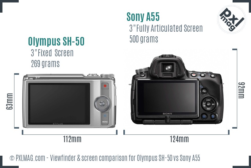 Olympus SH-50 vs Sony A55 Screen and Viewfinder comparison
