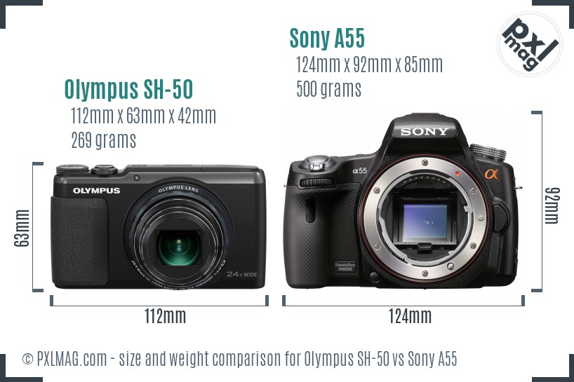 Olympus SH-50 vs Sony A55 size comparison