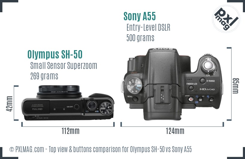 Olympus SH-50 vs Sony A55 top view buttons comparison