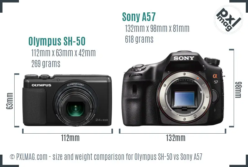 Olympus SH-50 vs Sony A57 size comparison