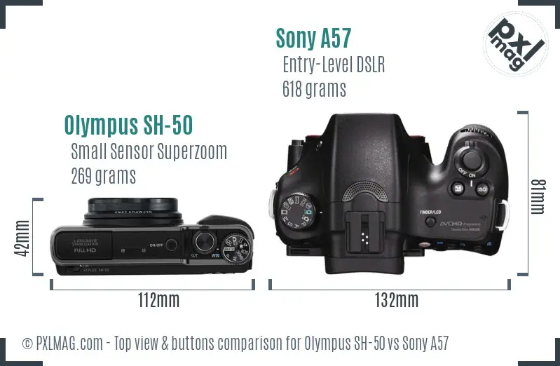 Olympus SH-50 vs Sony A57 top view buttons comparison