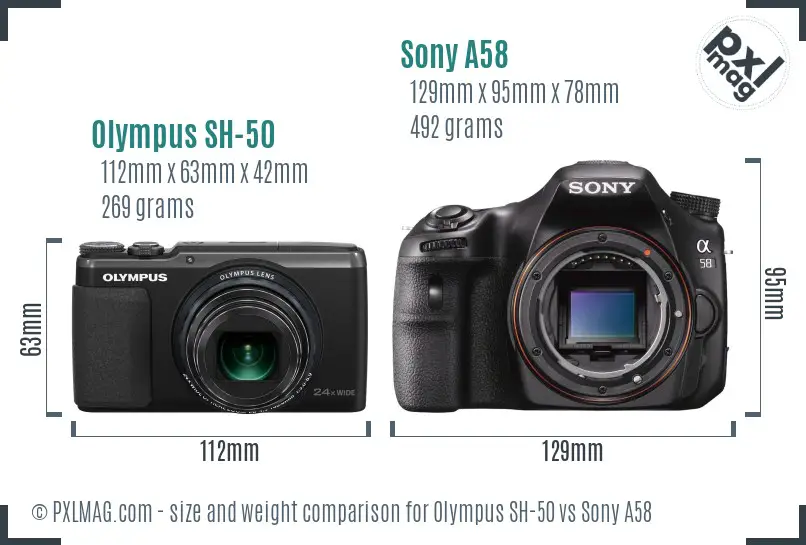Olympus SH-50 vs Sony A58 size comparison