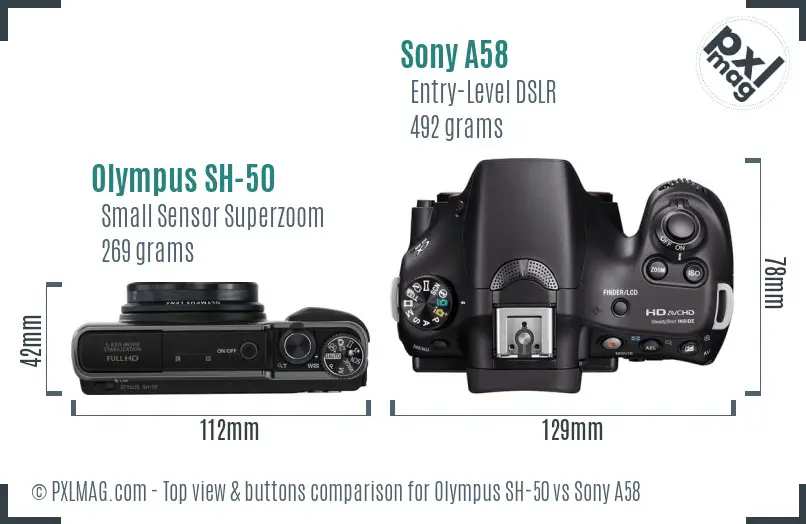 Olympus SH-50 vs Sony A58 top view buttons comparison