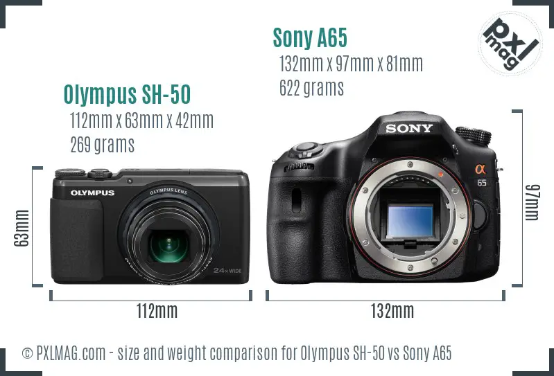 Olympus SH-50 vs Sony A65 size comparison