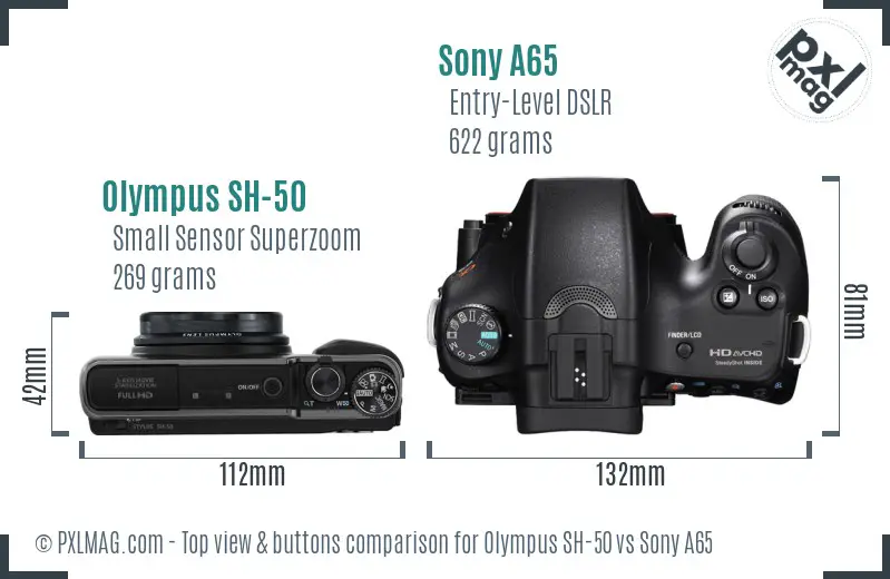 Olympus SH-50 vs Sony A65 top view buttons comparison