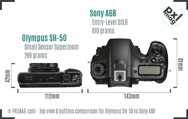 Olympus SH-50 vs Sony A68 top view buttons comparison Olympus SH-50 vs Sony A68 top view buttons comparison