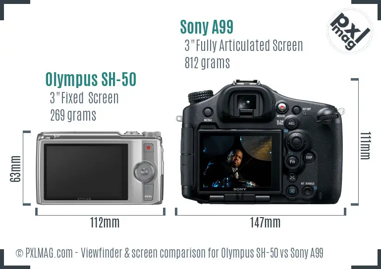 Olympus SH-50 vs Sony A99 Screen and Viewfinder comparison