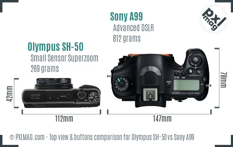 Olympus SH-50 vs Sony A99 top view buttons comparison