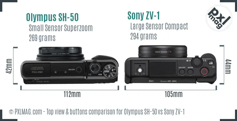Olympus SH-50 vs Sony ZV-1 top view buttons comparison