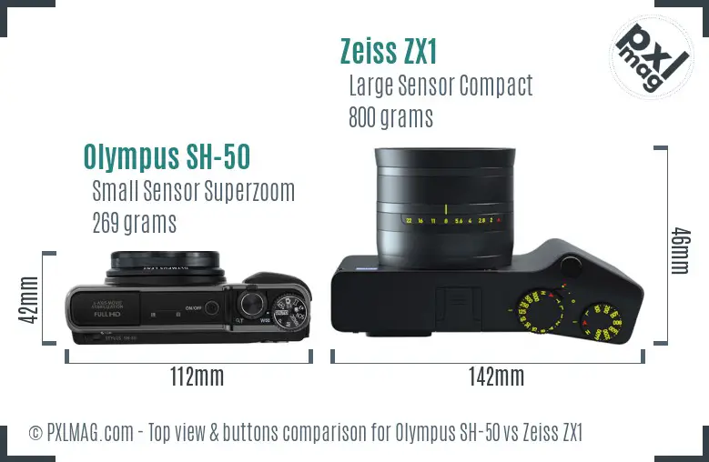 Olympus SH-50 vs Zeiss ZX1 top view buttons comparison Olympus SH-50 vs Zeiss ZX1 top view buttons comparison