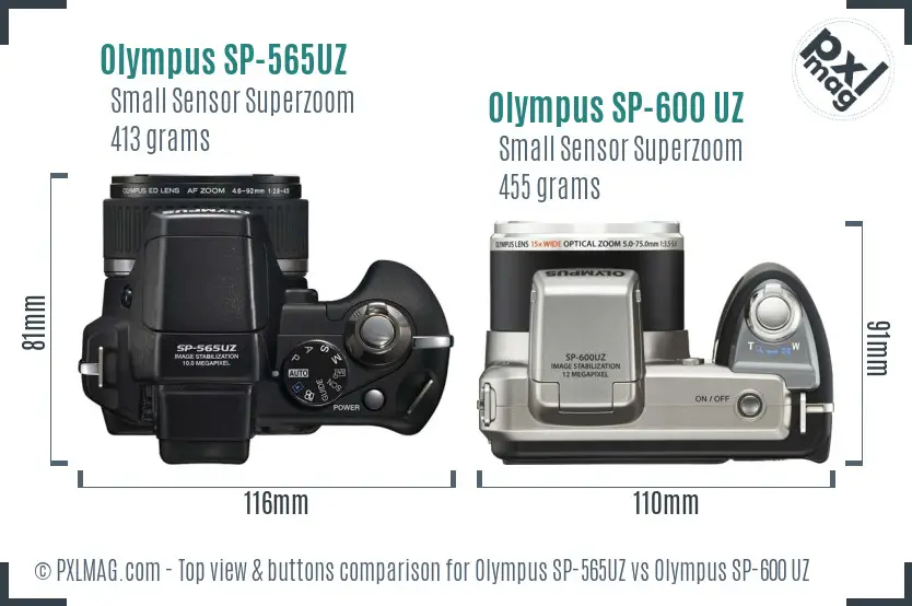 Olympus SP-565UZ vs Olympus SP-600 UZ top view buttons comparison