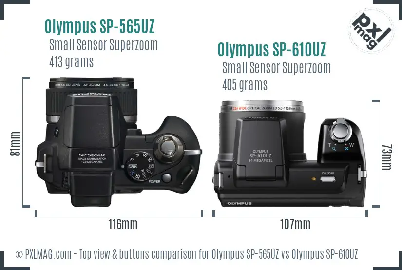 Olympus SP-565UZ vs Olympus SP-610UZ top view buttons comparison