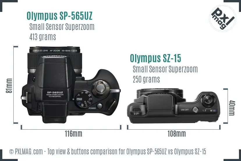Olympus SP-565UZ vs Olympus SZ-15 top view buttons comparison