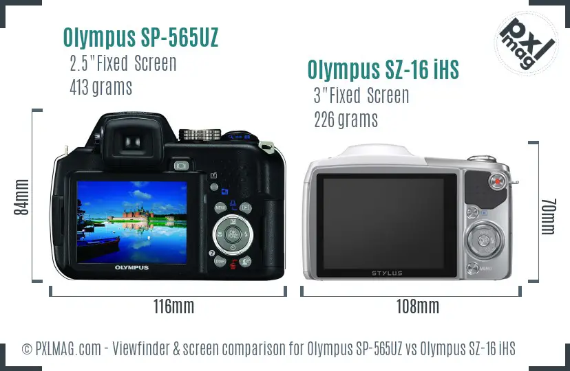 Olympus SP-565UZ vs Olympus SZ-16 iHS Screen and Viewfinder comparison
