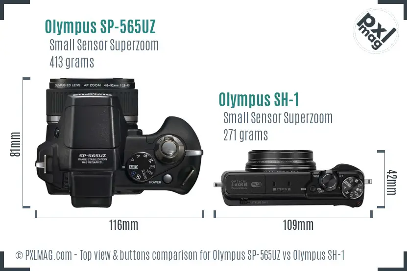 Olympus SP-565UZ vs Olympus SH-1 top view buttons comparison