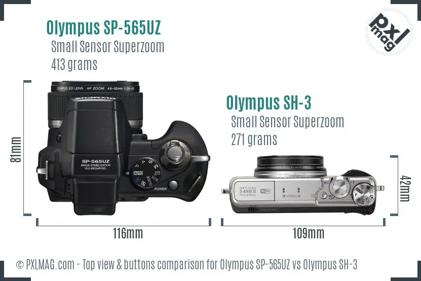 Olympus SP-565UZ vs Olympus SH-3 top view buttons comparison