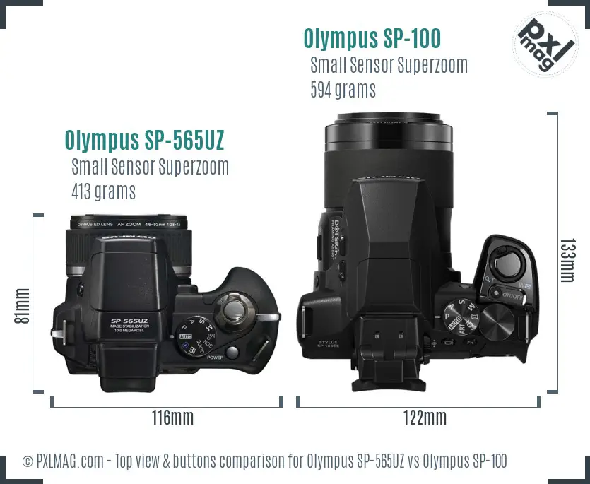 Olympus SP-565UZ vs Olympus SP-100 top view buttons comparison