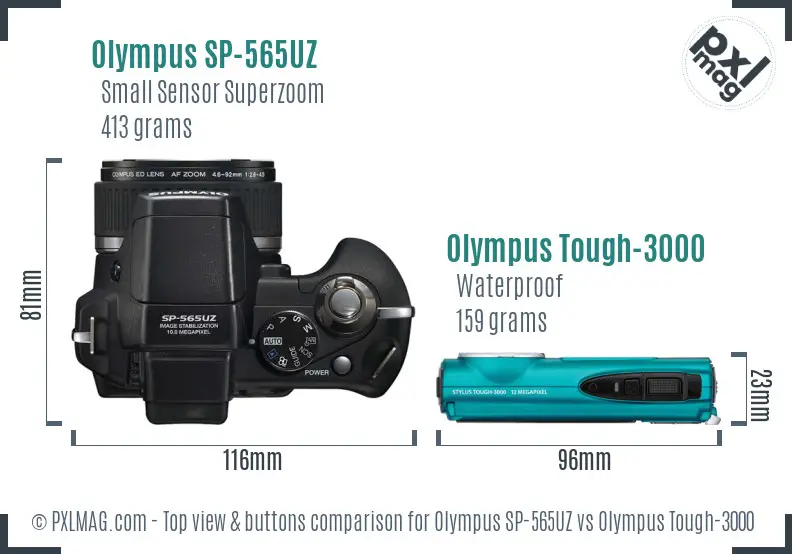 Olympus SP-565UZ vs Olympus Tough-3000 top view buttons comparison