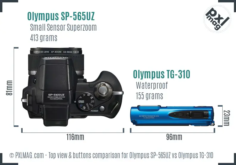 Olympus SP-565UZ vs Olympus TG-310 top view buttons comparison