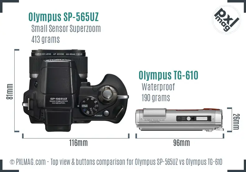 Olympus SP-565UZ vs Olympus TG-610 top view buttons comparison