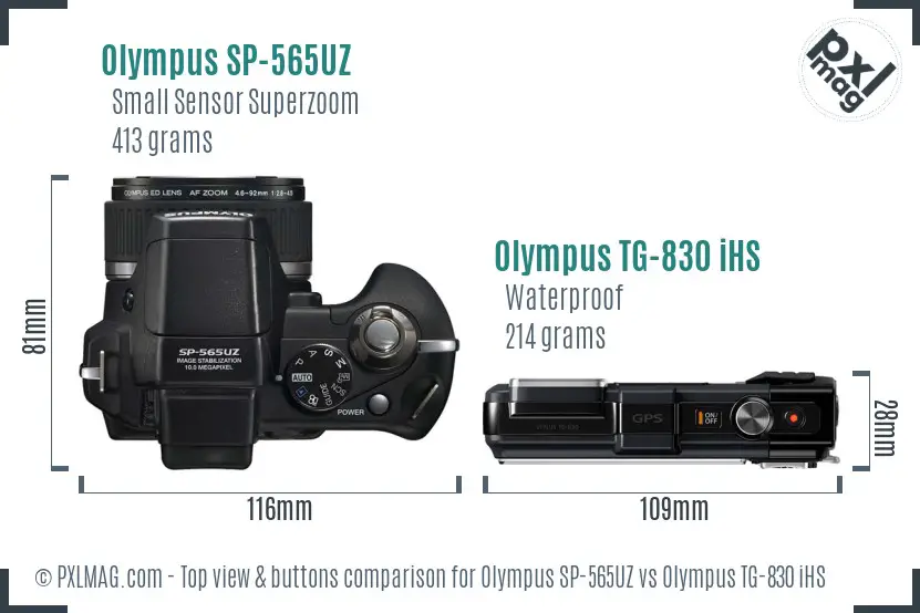 Olympus SP-565UZ vs Olympus TG-830 iHS top view buttons comparison