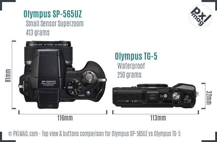 Olympus SP-565UZ vs Olympus TG-5 top view buttons comparison