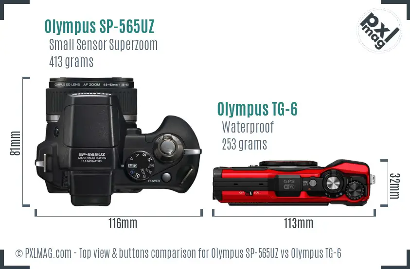 Olympus SP-565UZ vs Olympus TG-6 top view buttons comparison