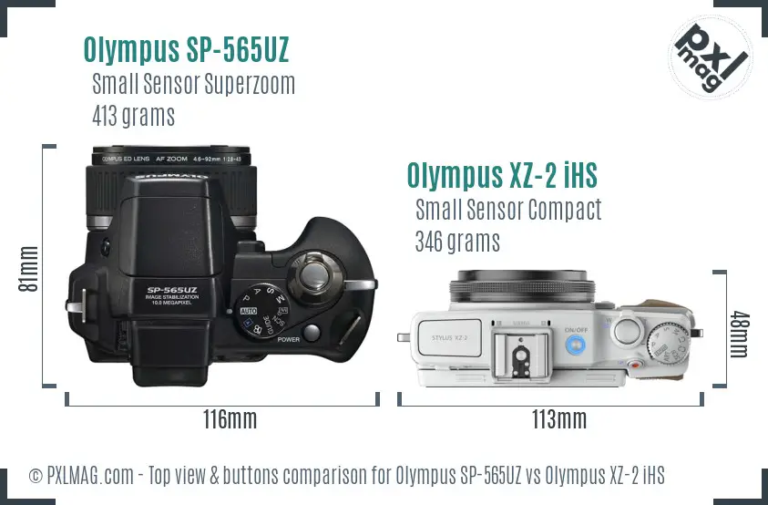 Olympus SP-565UZ vs Olympus XZ-2 iHS top view buttons comparison