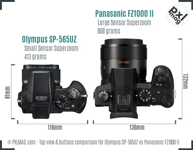 Olympus SP-565UZ vs Panasonic FZ1000 II top view buttons comparison